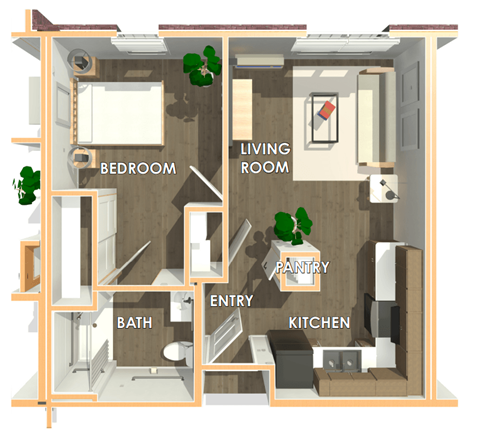 Floor plan for 1 bed, 1 bath, 535 sqft